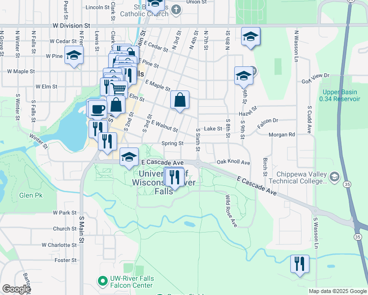 map of restaurants, bars, coffee shops, grocery stores, and more near 410 5th Street in River Falls