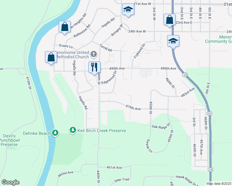 map of restaurants, bars, coffee shops, grocery stores, and more near E4433 479th Avenue in Menomonie