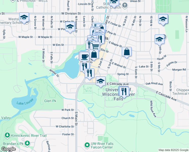 map of restaurants, bars, coffee shops, grocery stores, and more near 456 Spruce Street in River Falls