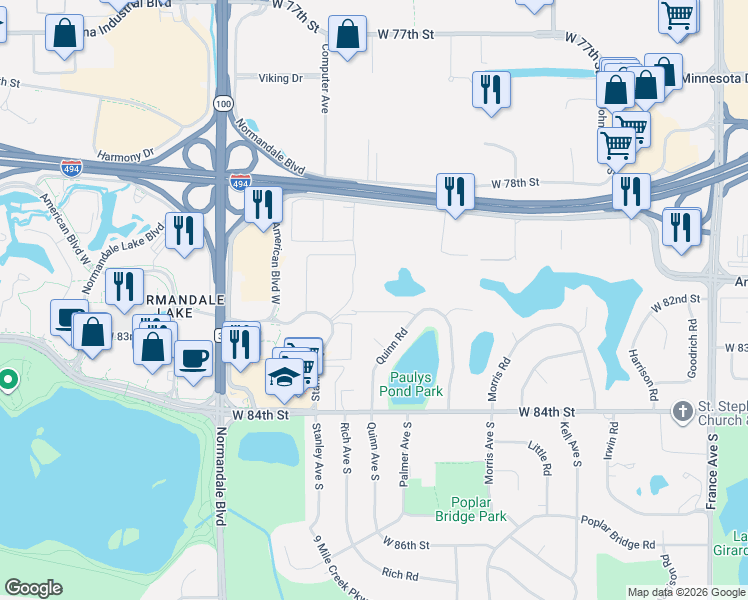 map of restaurants, bars, coffee shops, grocery stores, and more near 5001 West 82nd Street in Minneapolis