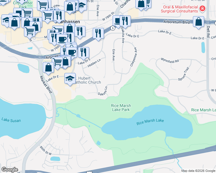 map of restaurants, bars, coffee shops, grocery stores, and more near 8123 Dakota Lane in Chanhassen