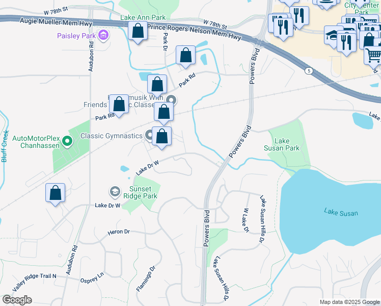 map of restaurants, bars, coffee shops, grocery stores, and more near 1341 Lake Drive West in Chanhassen