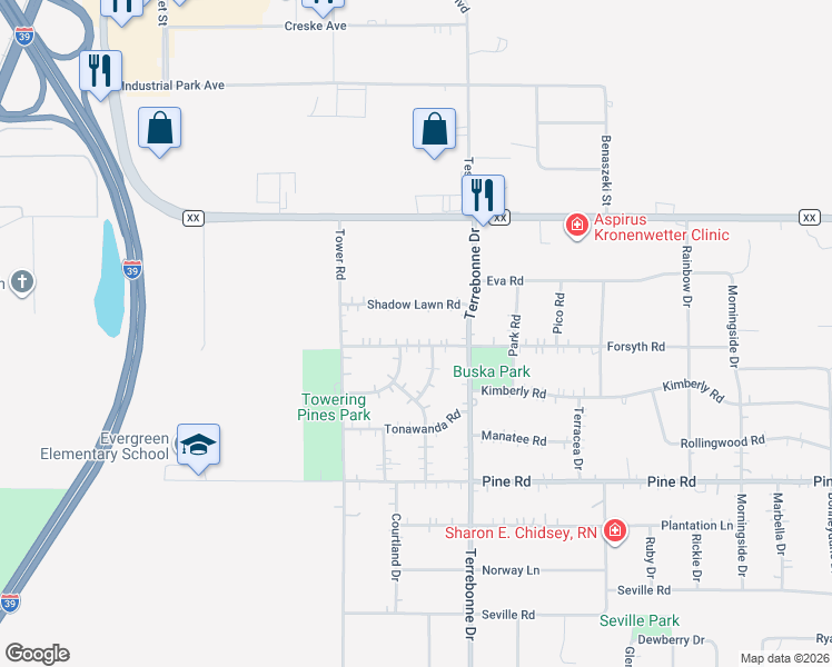map of restaurants, bars, coffee shops, grocery stores, and more near 1749 Forsyth Road in Mosinee