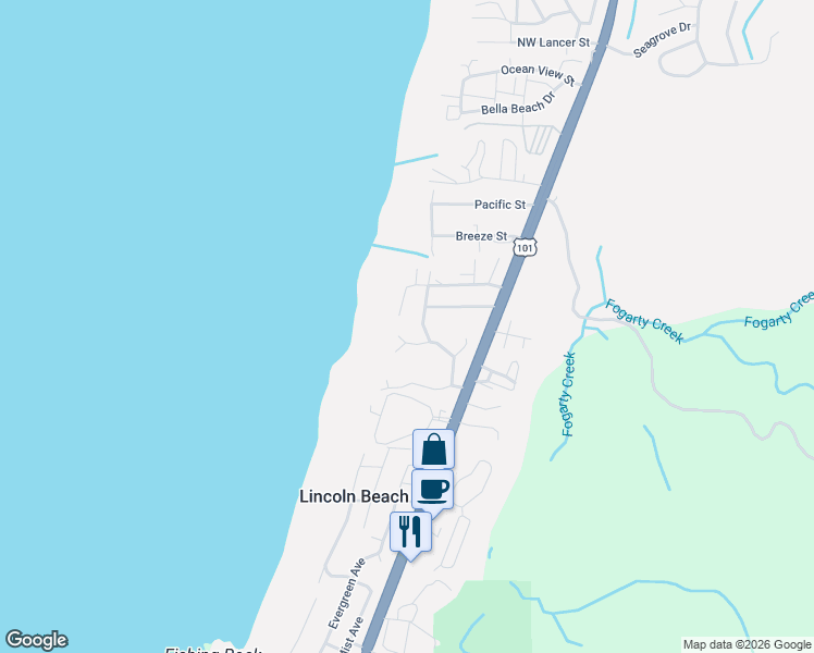 map of restaurants, bars, coffee shops, grocery stores, and more near 205 Tillicum Street in Depoe Bay