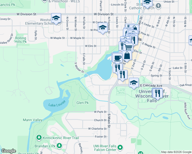 map of restaurants, bars, coffee shops, grocery stores, and more near 205 West Cascade Avenue in River Falls