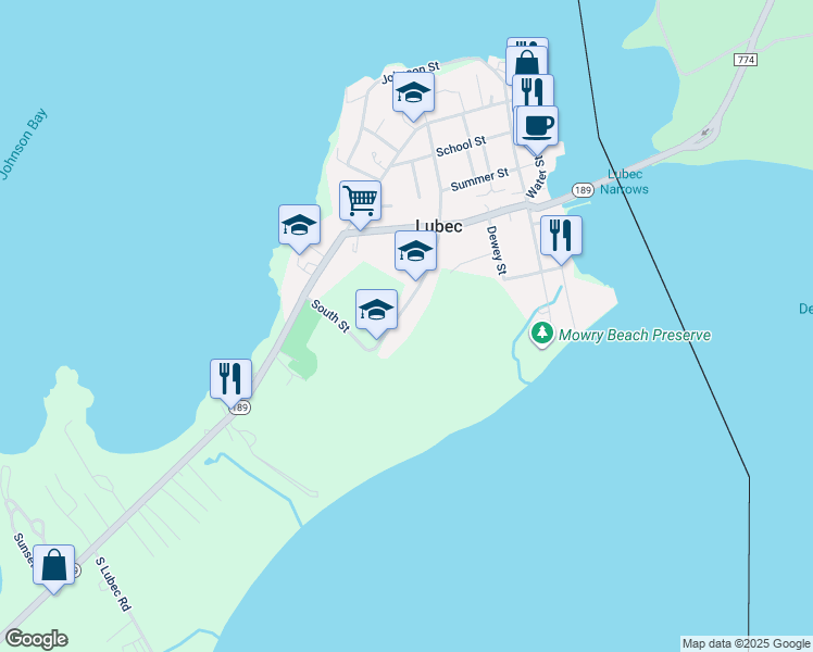 map of restaurants, bars, coffee shops, grocery stores, and more near 44 South Street in Lubec