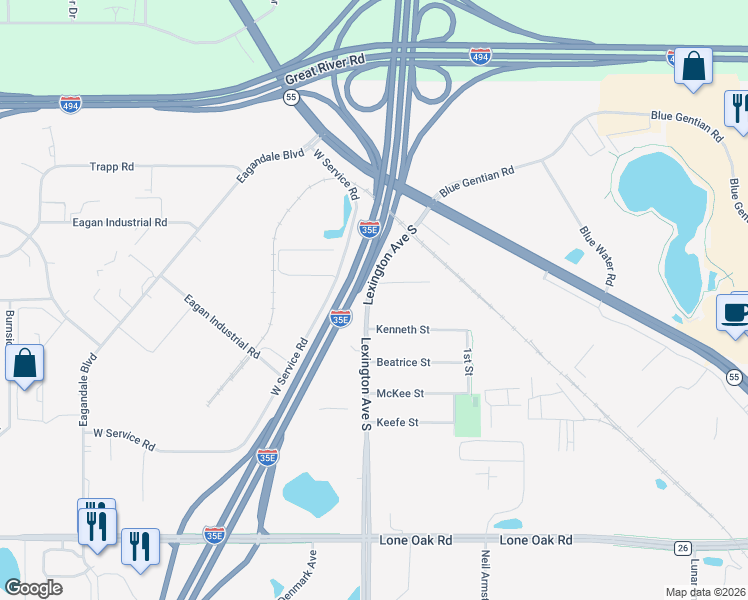 map of restaurants, bars, coffee shops, grocery stores, and more near 2816 Lexington Avenue South in Eagan