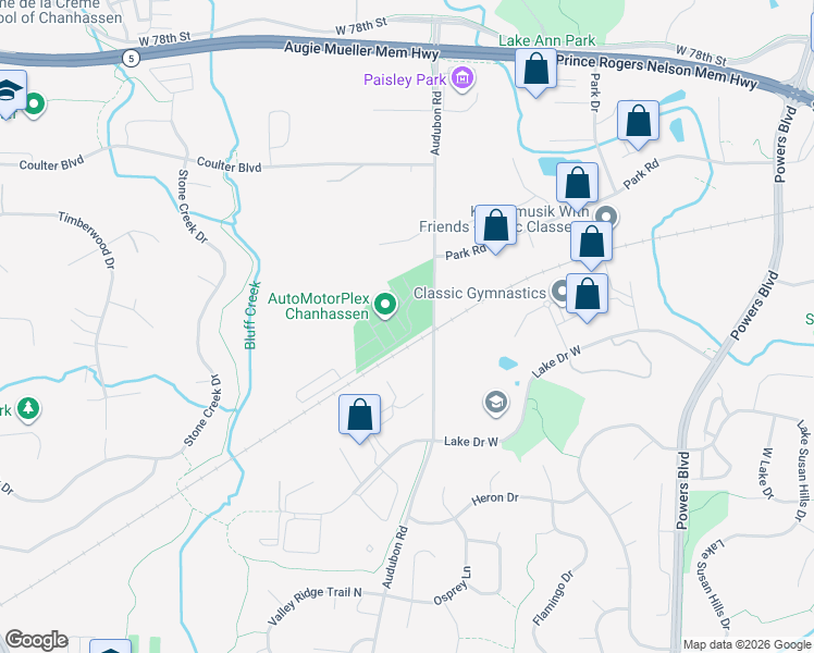 map of restaurants, bars, coffee shops, grocery stores, and more near 8300 Audubon Road in Chanhassen