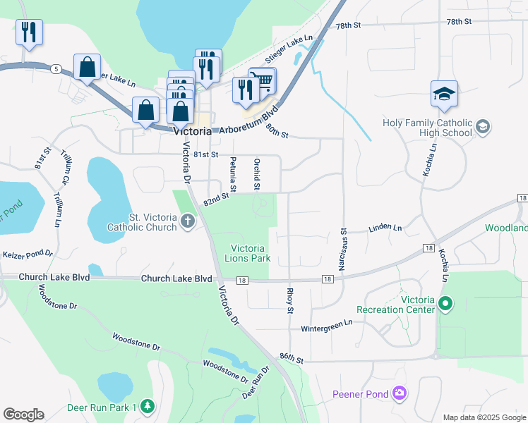 map of restaurants, bars, coffee shops, grocery stores, and more near 1519 82nd Street in Victoria