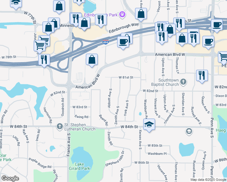 map of restaurants, bars, coffee shops, grocery stores, and more near 8117 Abbott Avenue South in Minneapolis