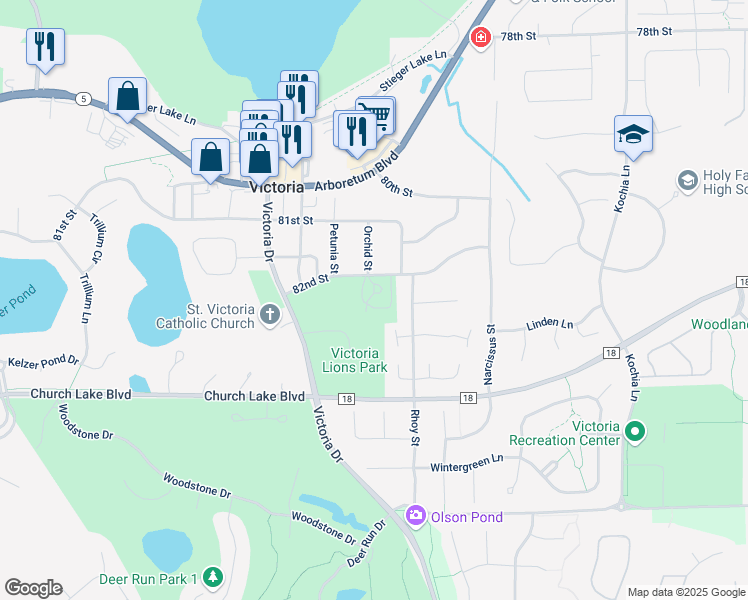 map of restaurants, bars, coffee shops, grocery stores, and more near 1519 82nd Street in Victoria