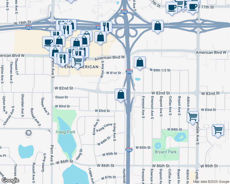 map of restaurants, bars, coffee shops, grocery stores, and more near 1650 West 82nd Street in Bloomington