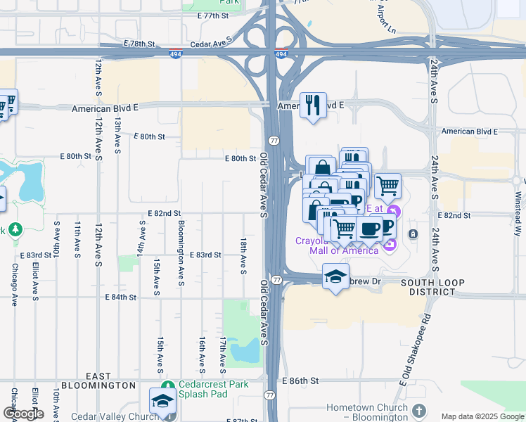 map of restaurants, bars, coffee shops, grocery stores, and more near 3644 Cedar Avenue in Bloomington