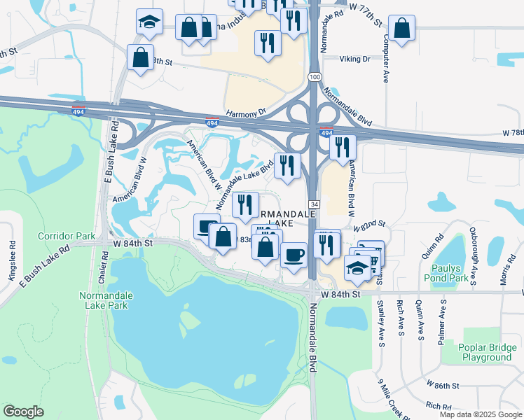 map of restaurants, bars, coffee shops, grocery stores, and more near 5650 American Boulevard West in Bloomington