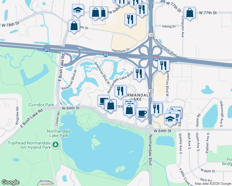 map of restaurants, bars, coffee shops, grocery stores, and more near in Bloomington