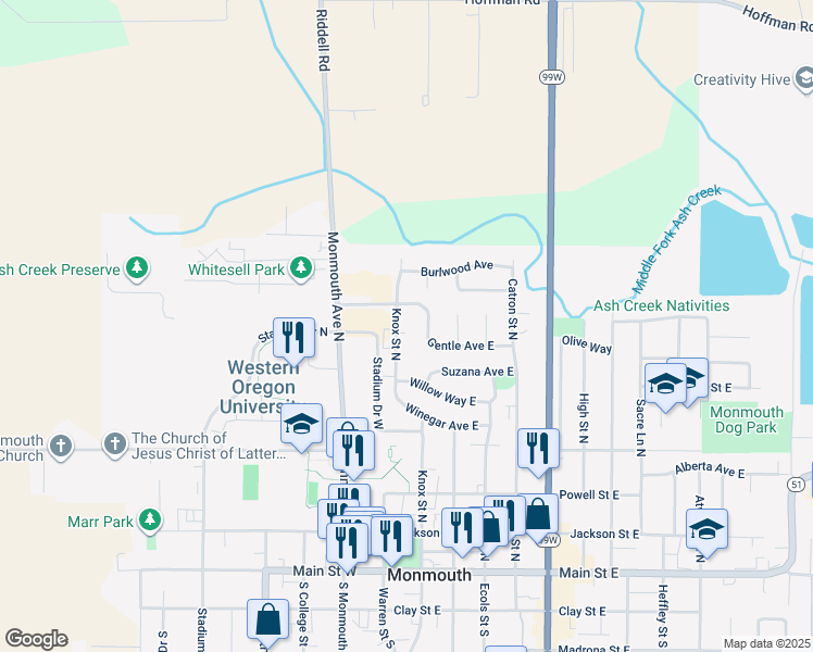 map of restaurants, bars, coffee shops, grocery stores, and more near 800 Knox Street North in Monmouth