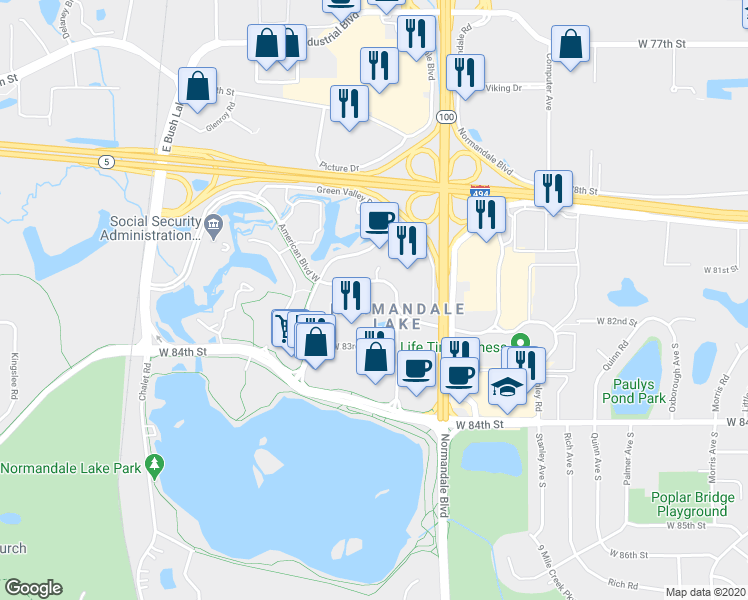 map of restaurants, bars, coffee shops, grocery stores, and more near 5500 American Boulevard West in Bloomington