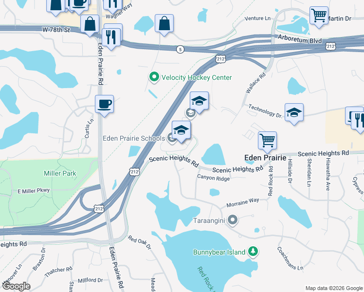 map of restaurants, bars, coffee shops, grocery stores, and more near 8100 School Road in Eden Prairie