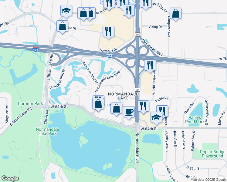 map of restaurants, bars, coffee shops, grocery stores, and more near 5501 American Boulevard West in Bloomington