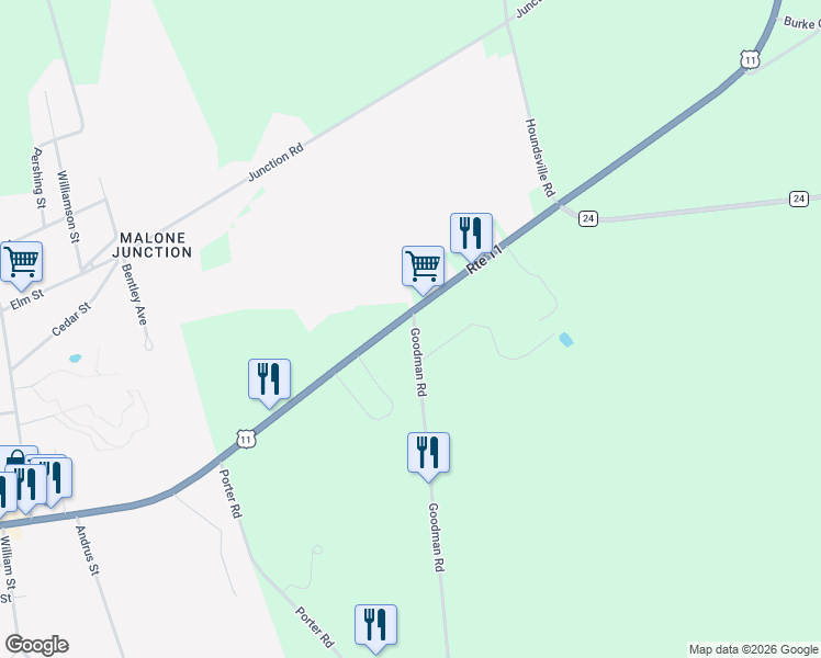 map of restaurants, bars, coffee shops, grocery stores, and more near 3923 U.S. 11 in Malone