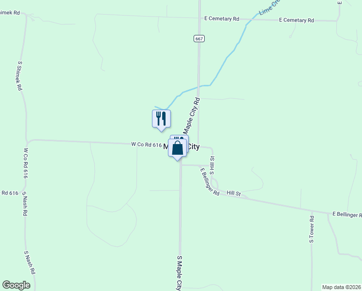 map of restaurants, bars, coffee shops, grocery stores, and more near 8562 South Maple City Road in Maple City