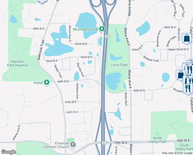 map of restaurants, bars, coffee shops, grocery stores, and more near 6471 Beckman Avenue in Inver Grove Heights