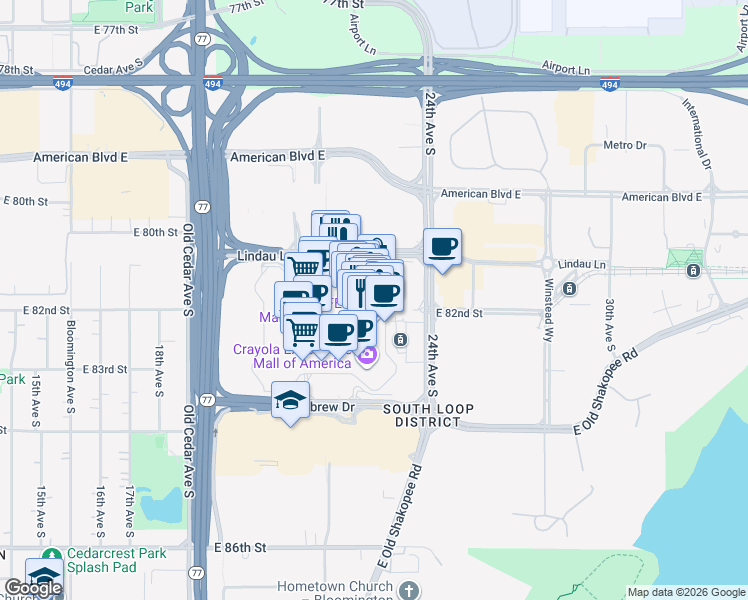 map of restaurants, bars, coffee shops, grocery stores, and more near 200 East Broadway in Bloomington