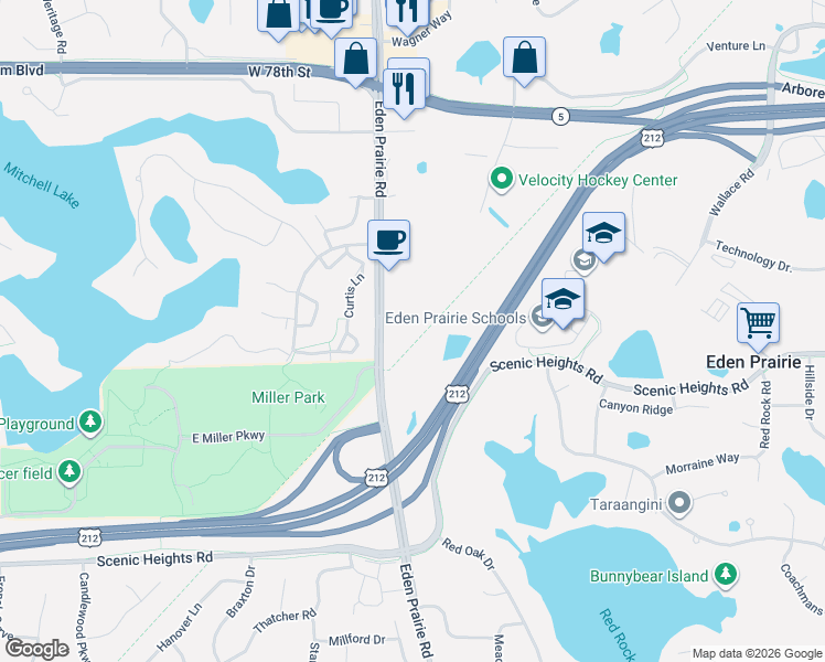 map of restaurants, bars, coffee shops, grocery stores, and more near 16389 Glory Lane in Eden Prairie