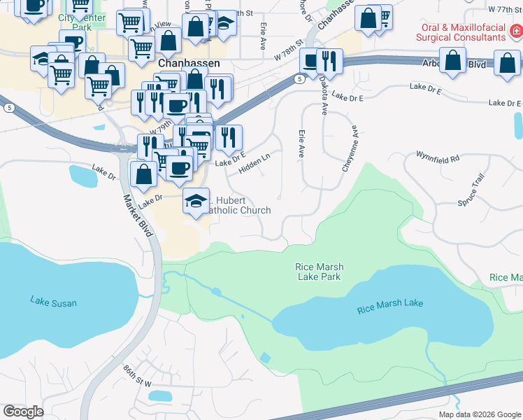 map of restaurants, bars, coffee shops, grocery stores, and more near 8173 Marsh Drive in Chanhassen