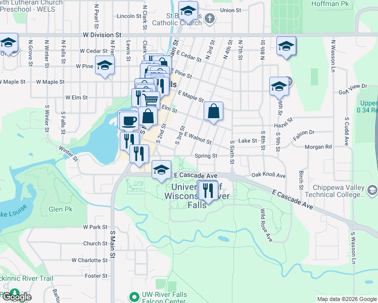 map of restaurants, bars, coffee shops, grocery stores, and more near 214 South 3rd Street in River Falls