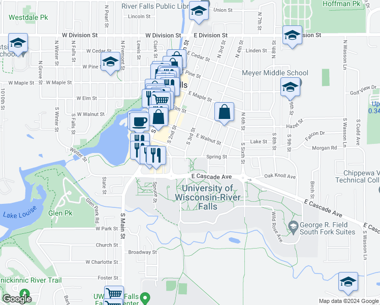 map of restaurants, bars, coffee shops, grocery stores, and more near 214 South 3rd Street in River Falls