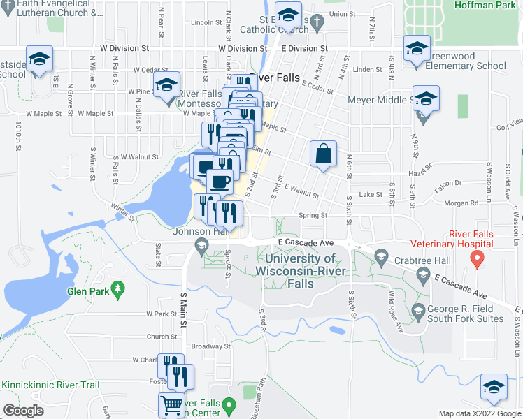 map of restaurants, bars, coffee shops, grocery stores, and more near 200 East Locust Street in River Falls