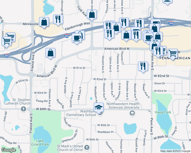 map of restaurants, bars, coffee shops, grocery stores, and more near 3000 West 82nd Street in Minneapolis