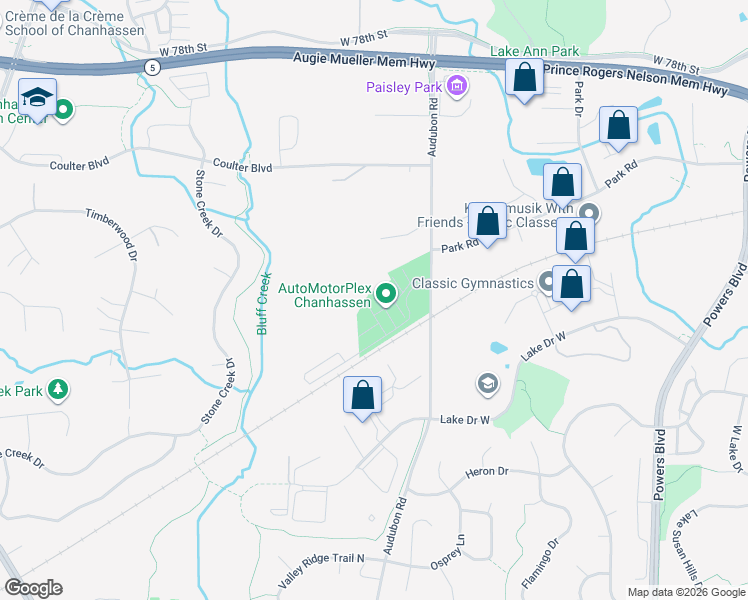 map of restaurants, bars, coffee shops, grocery stores, and more near 1700 Motorplex Court in Chanhassen