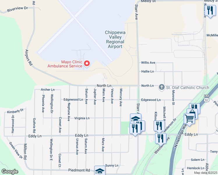 map of restaurants, bars, coffee shops, grocery stores, and more near 3252 Venus Avenue in Eau Claire