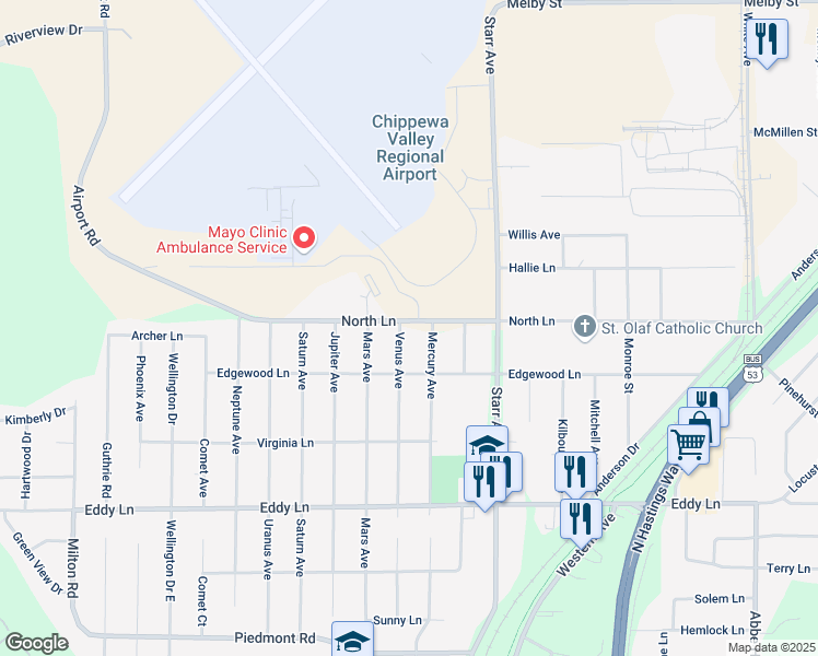 map of restaurants, bars, coffee shops, grocery stores, and more near 3252 Venus Avenue in Eau Claire