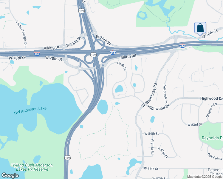map of restaurants, bars, coffee shops, grocery stores, and more near 8400 Parkview Lane in Bloomington