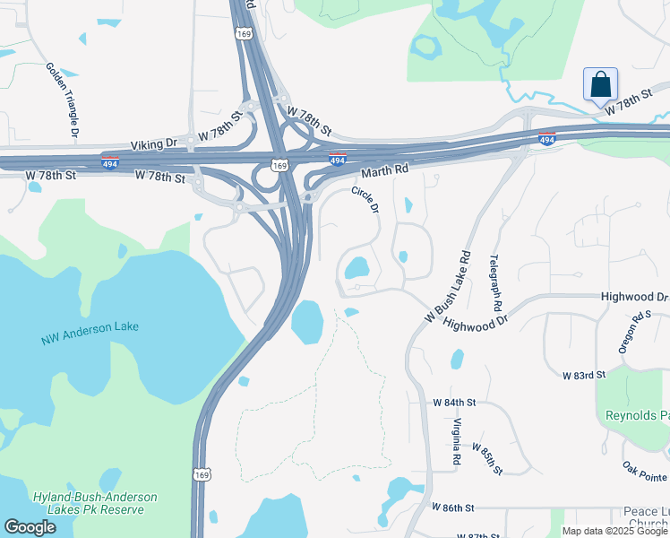 map of restaurants, bars, coffee shops, grocery stores, and more near 8400 Parkview Lane in Bloomington