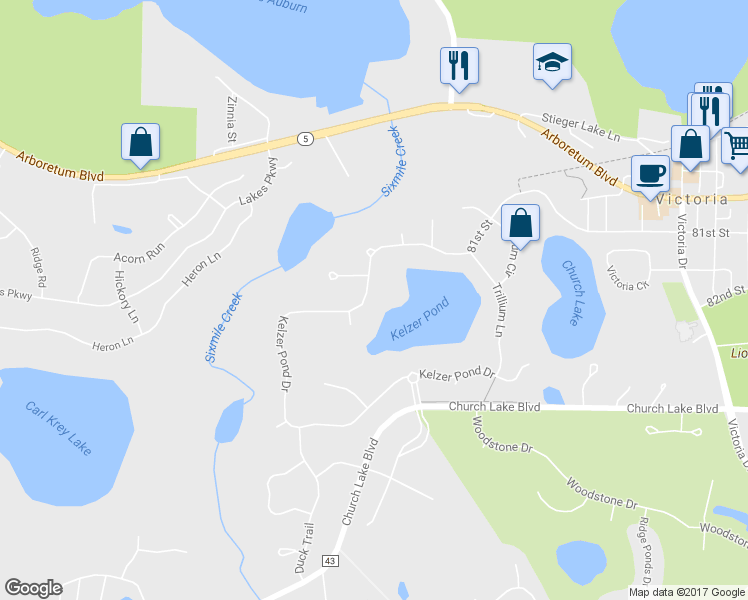 map of restaurants, bars, coffee shops, grocery stores, and more near 8185 Kelzer Pond Drive in Victoria