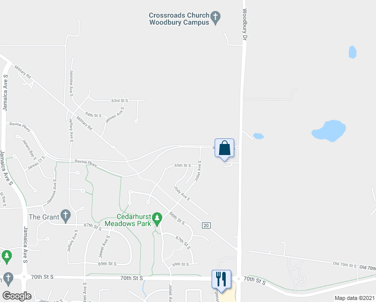 map of restaurants, bars, coffee shops, grocery stores, and more near 9720 65th Street South in Cottage Grove