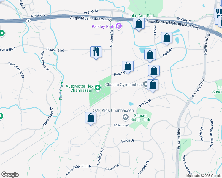 map of restaurants, bars, coffee shops, grocery stores, and more near 8150 Audubon Road in Chanhassen