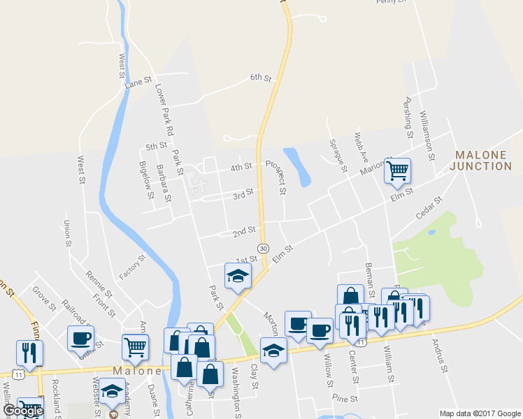 map of restaurants, bars, coffee shops, grocery stores, and more near 49 Highway 30 in Malone
