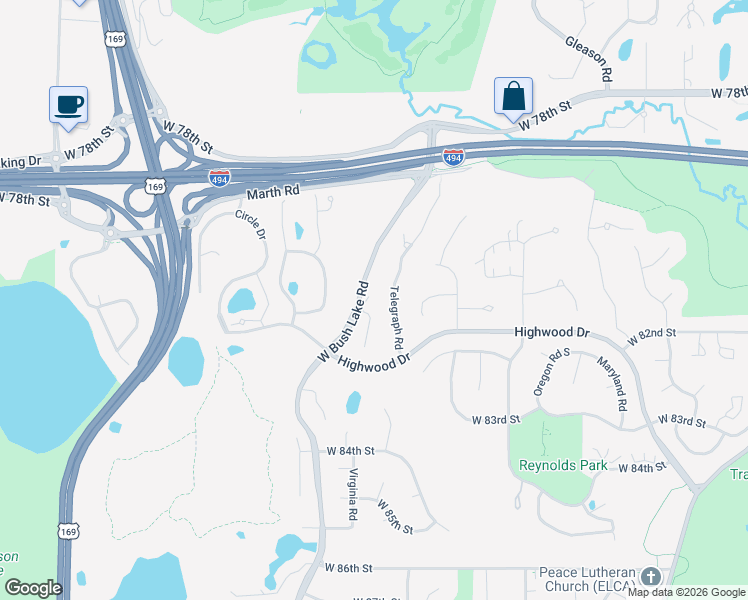 map of restaurants, bars, coffee shops, grocery stores, and more near 8101 West Bush Lake Road in Minneapolis