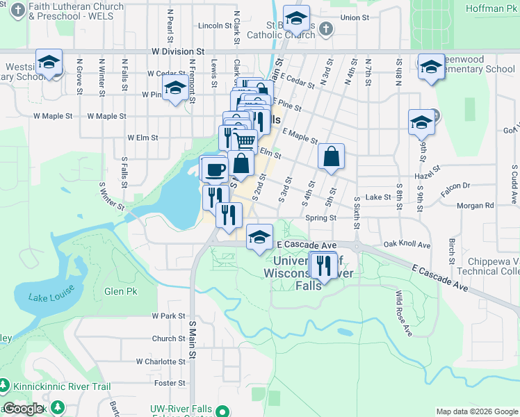 map of restaurants, bars, coffee shops, grocery stores, and more near 200 East Locust Street in River Falls