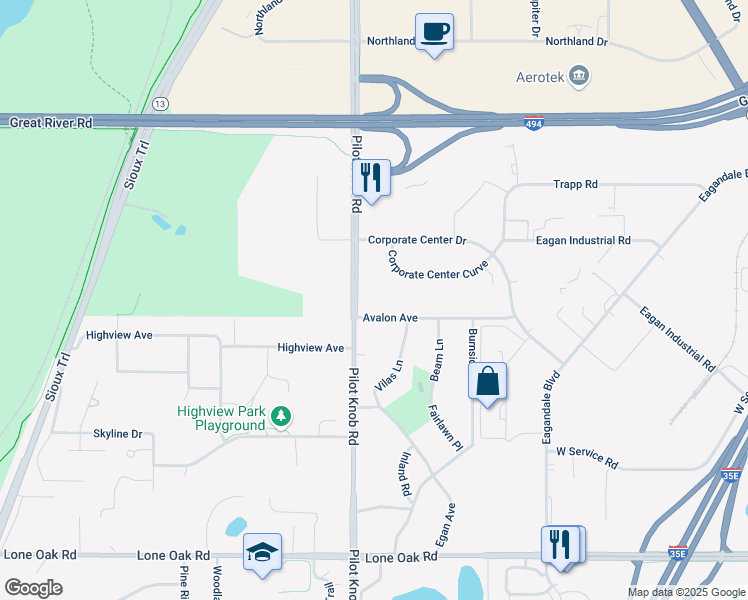 map of restaurants, bars, coffee shops, grocery stores, and more near 1380 Corporate Center Curve in Eagan
