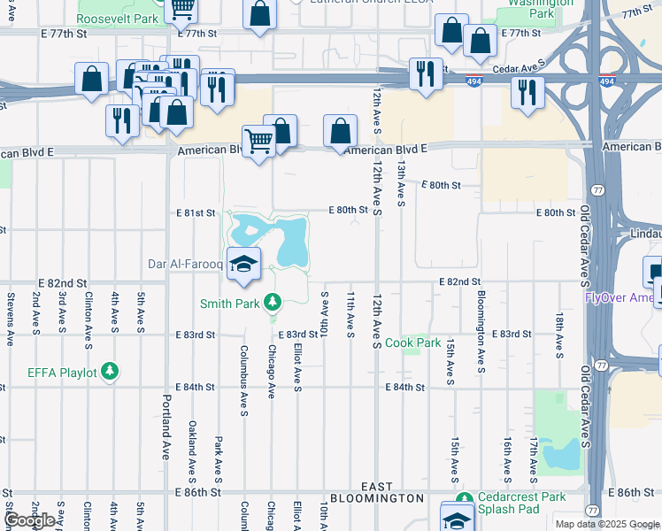 map of restaurants, bars, coffee shops, grocery stores, and more near 8070 12th Avenue South in Bloomington