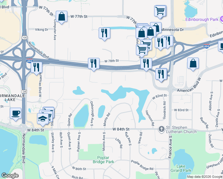 map of restaurants, bars, coffee shops, grocery stores, and more near 4575 West 80th Street Circle in Minneapolis