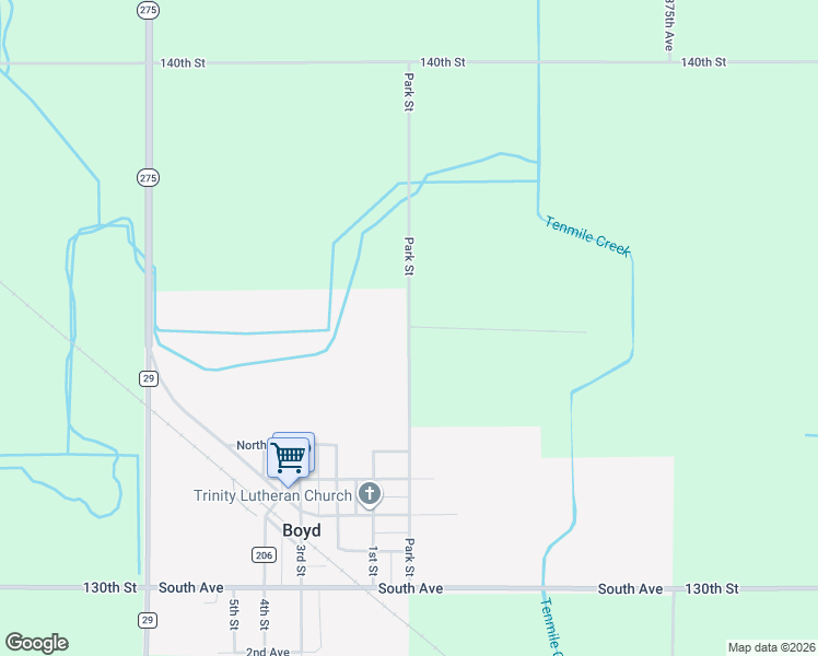 map of restaurants, bars, coffee shops, grocery stores, and more near Park Street in Boyd