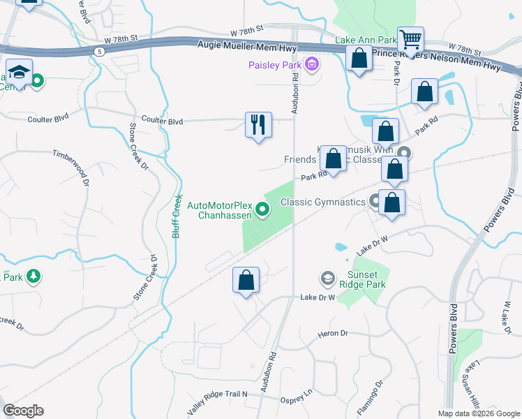 map of restaurants, bars, coffee shops, grocery stores, and more near 1700 Motorplex Court in Chanhassen
