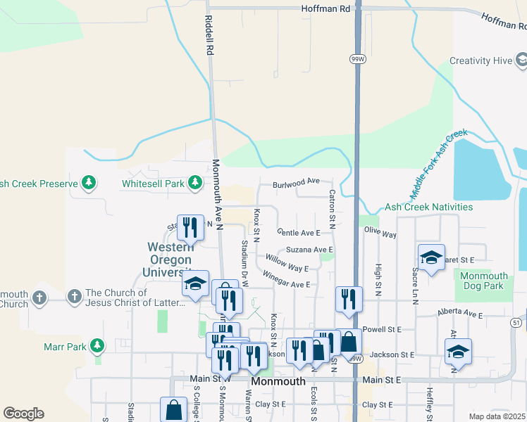 map of restaurants, bars, coffee shops, grocery stores, and more near 800 Knox Street North in Monmouth